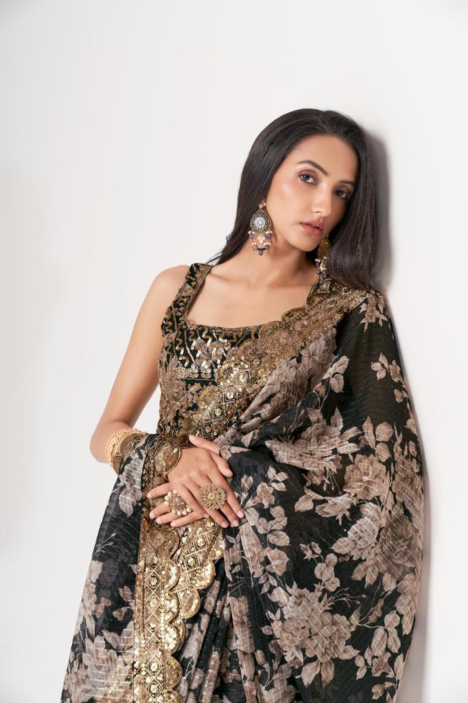 Black Organza Sequins Work Saree