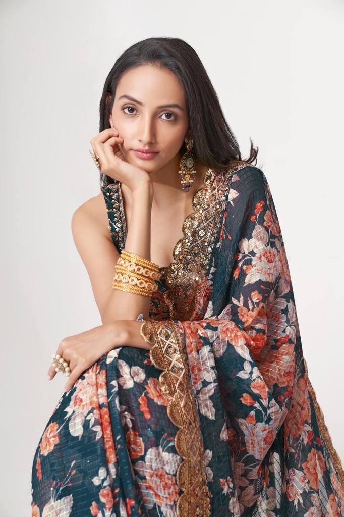Classic Blue Organza Sequins Work Saree