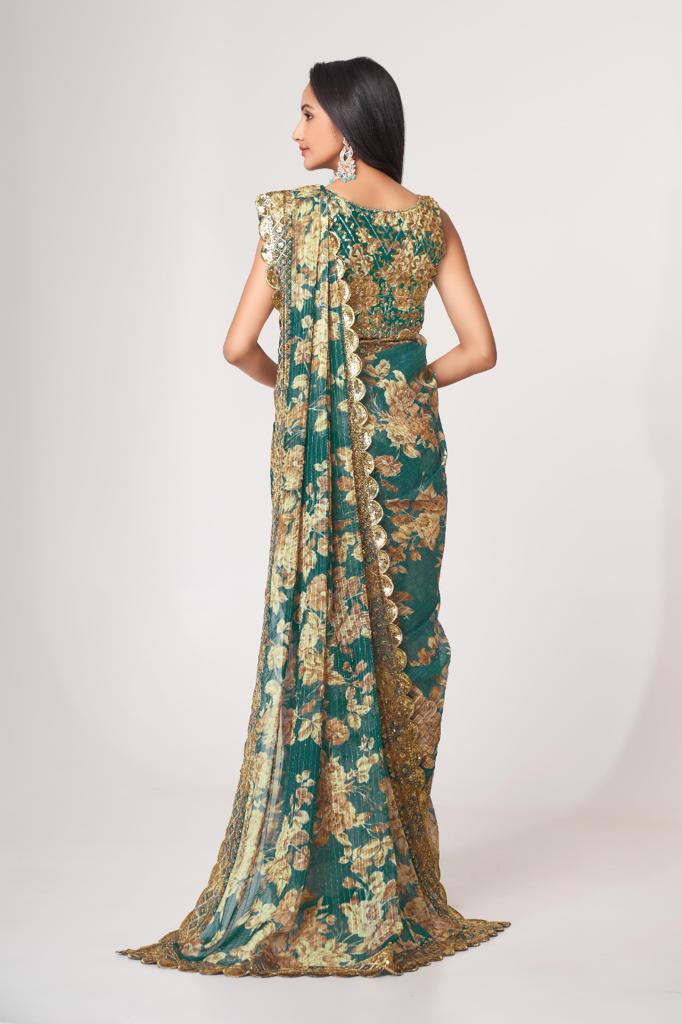 Teal Green Organza Sequins Work Saree