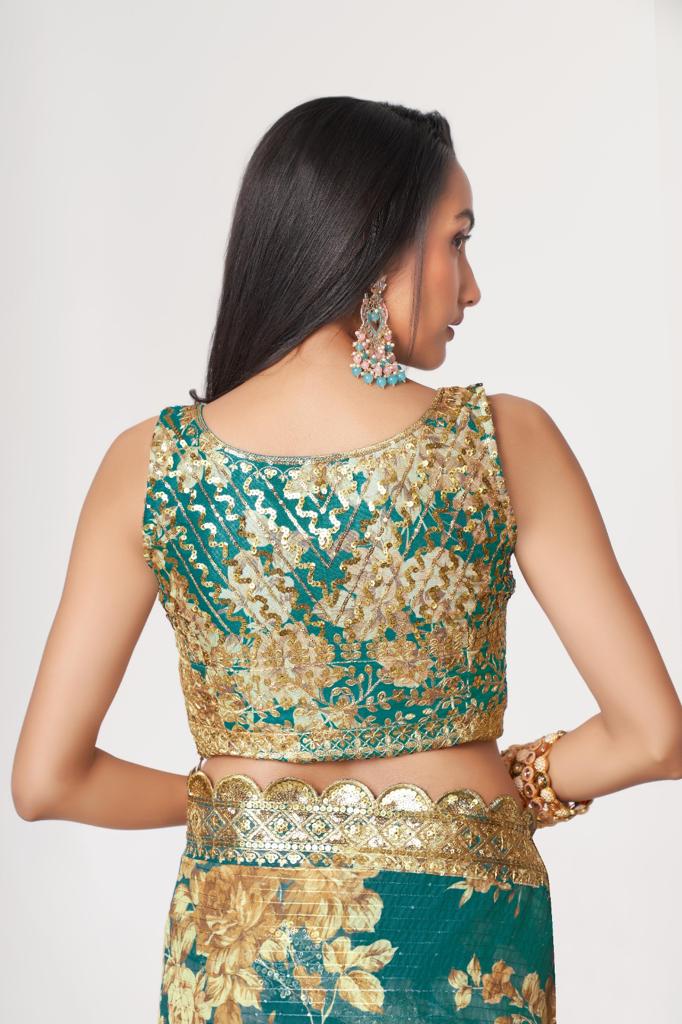 Teal Green Organza Sequins Work Saree