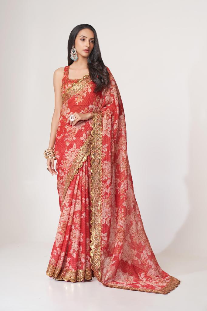 Red Organza Sequins Work Saree