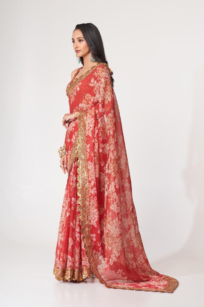 Red Organza Sequins Work Saree