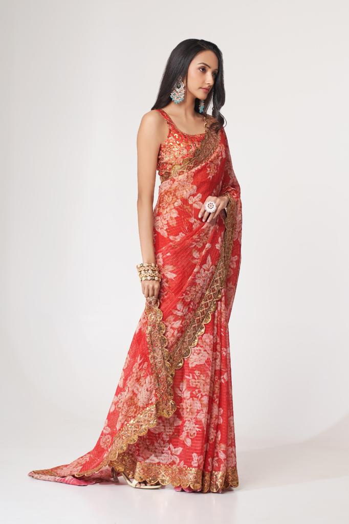 Red Organza Sequins Work Saree