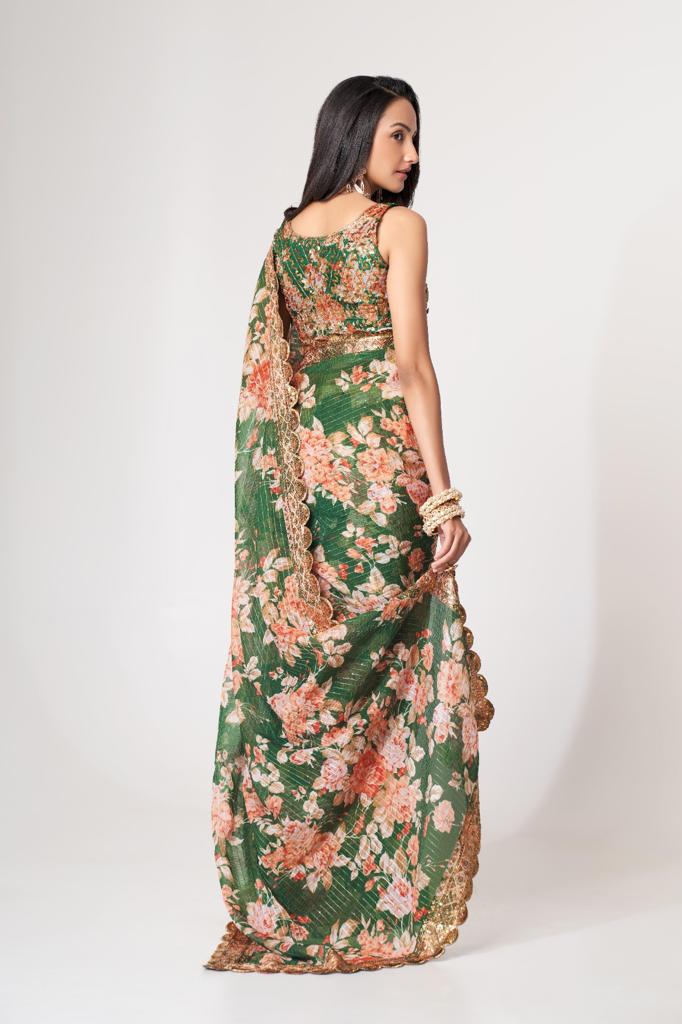 Green Organza Sequins Work Saree