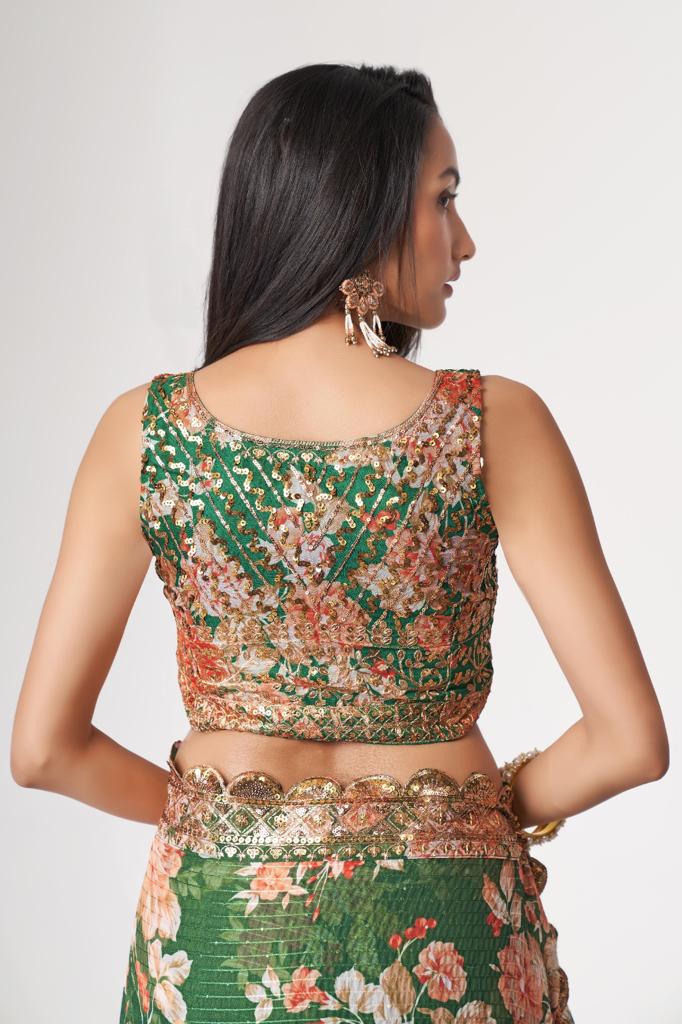 Green Organza Sequins Work Saree