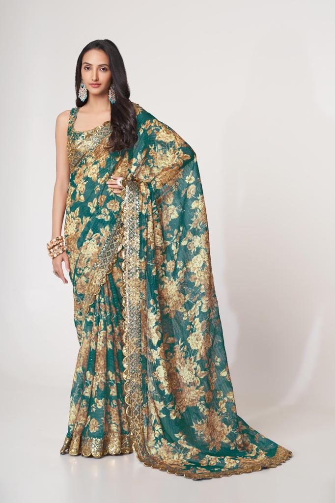 Teal Green Organza Sequins Work Saree
