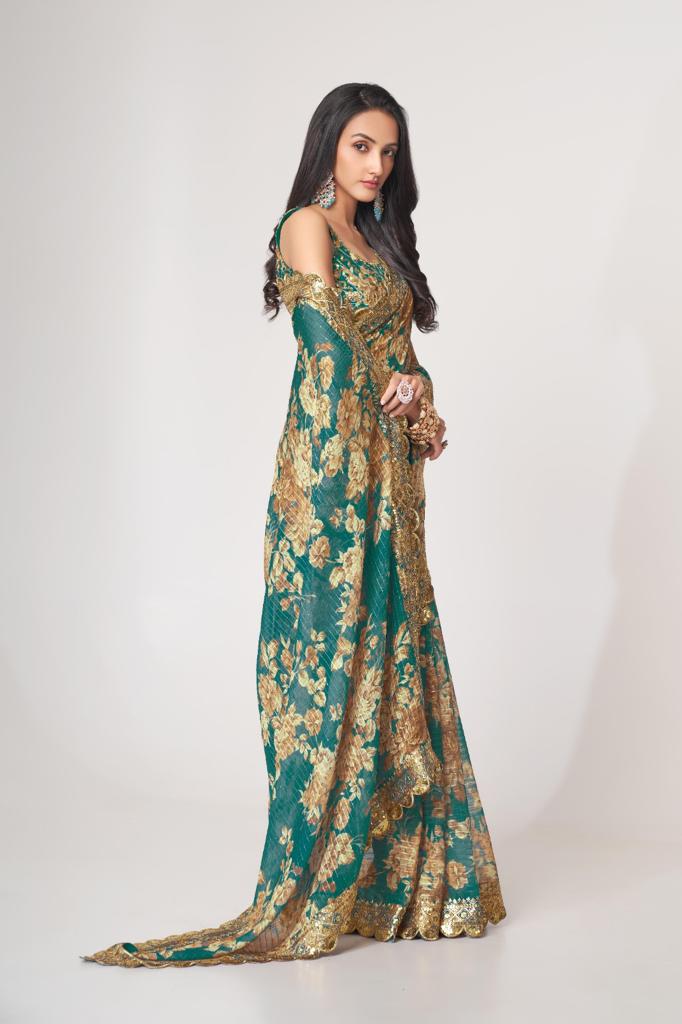 Teal Green Organza Sequins Work Saree