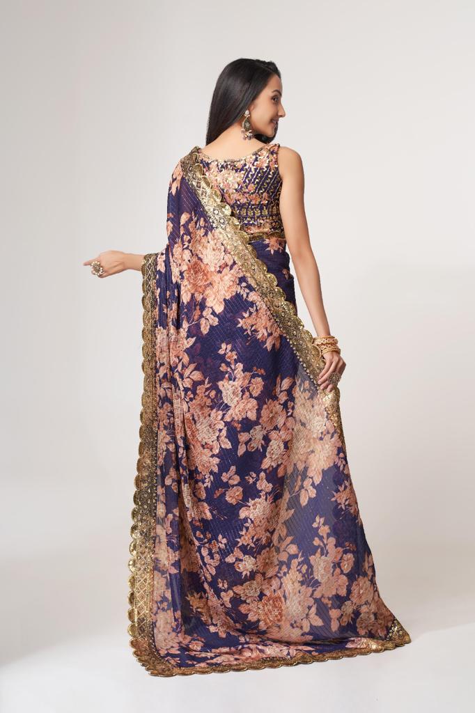 Purple Organza Sequins Work Saree