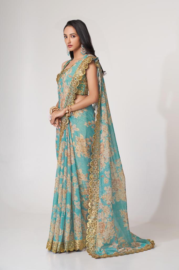 Teal Blue Organza Sequins Work Saree