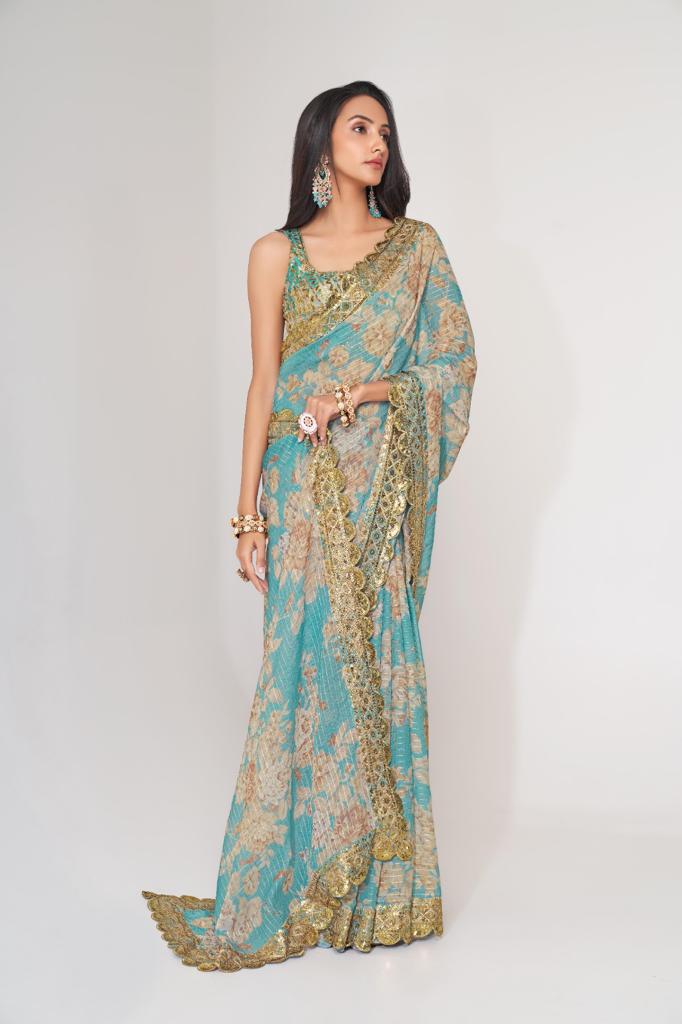 Teal Blue Organza Sequins Work Saree