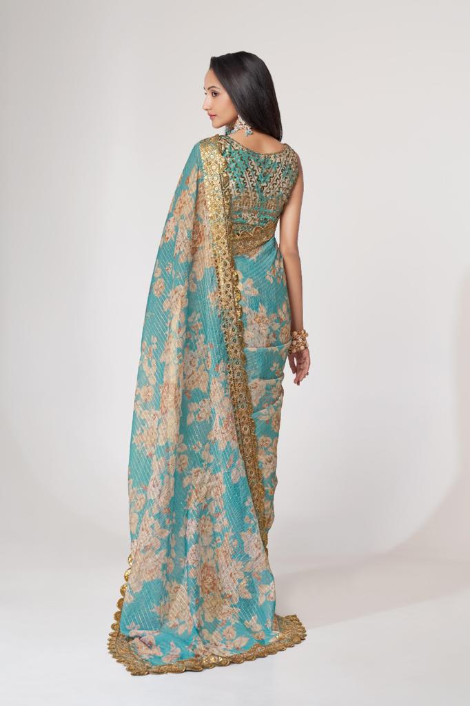 Teal Blue Organza Sequins Work Saree