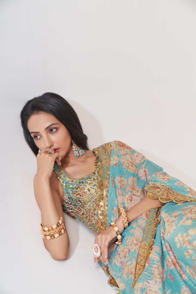 Teal Blue Organza Sequins Work Saree