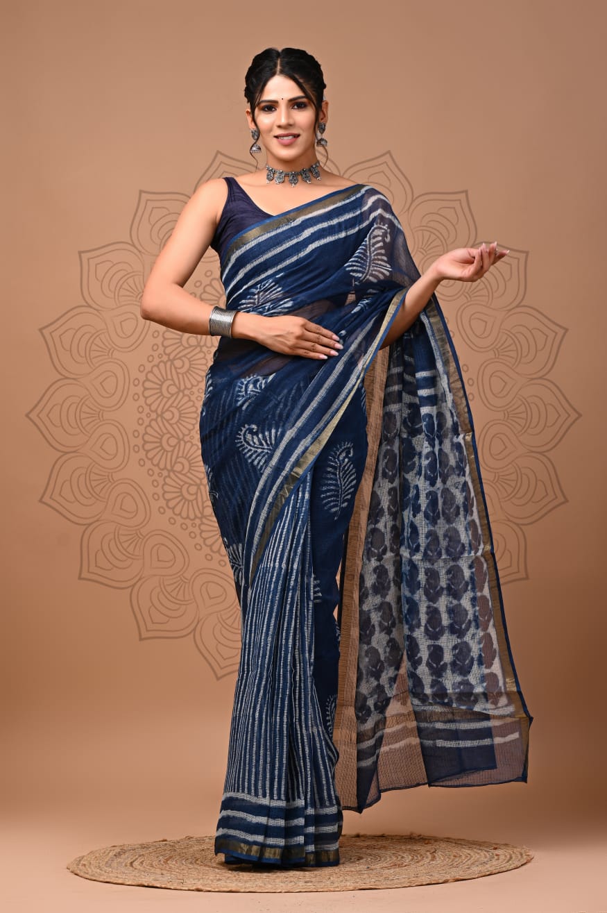 Blue Hand Block Print Kota Doria Saree