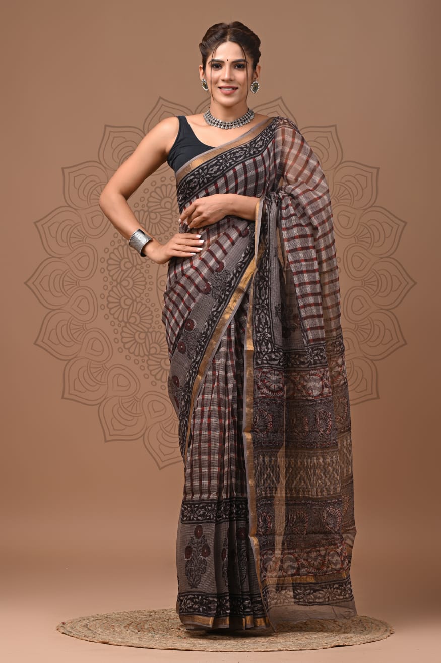 Black Hand Block Print Kota Doria Saree
