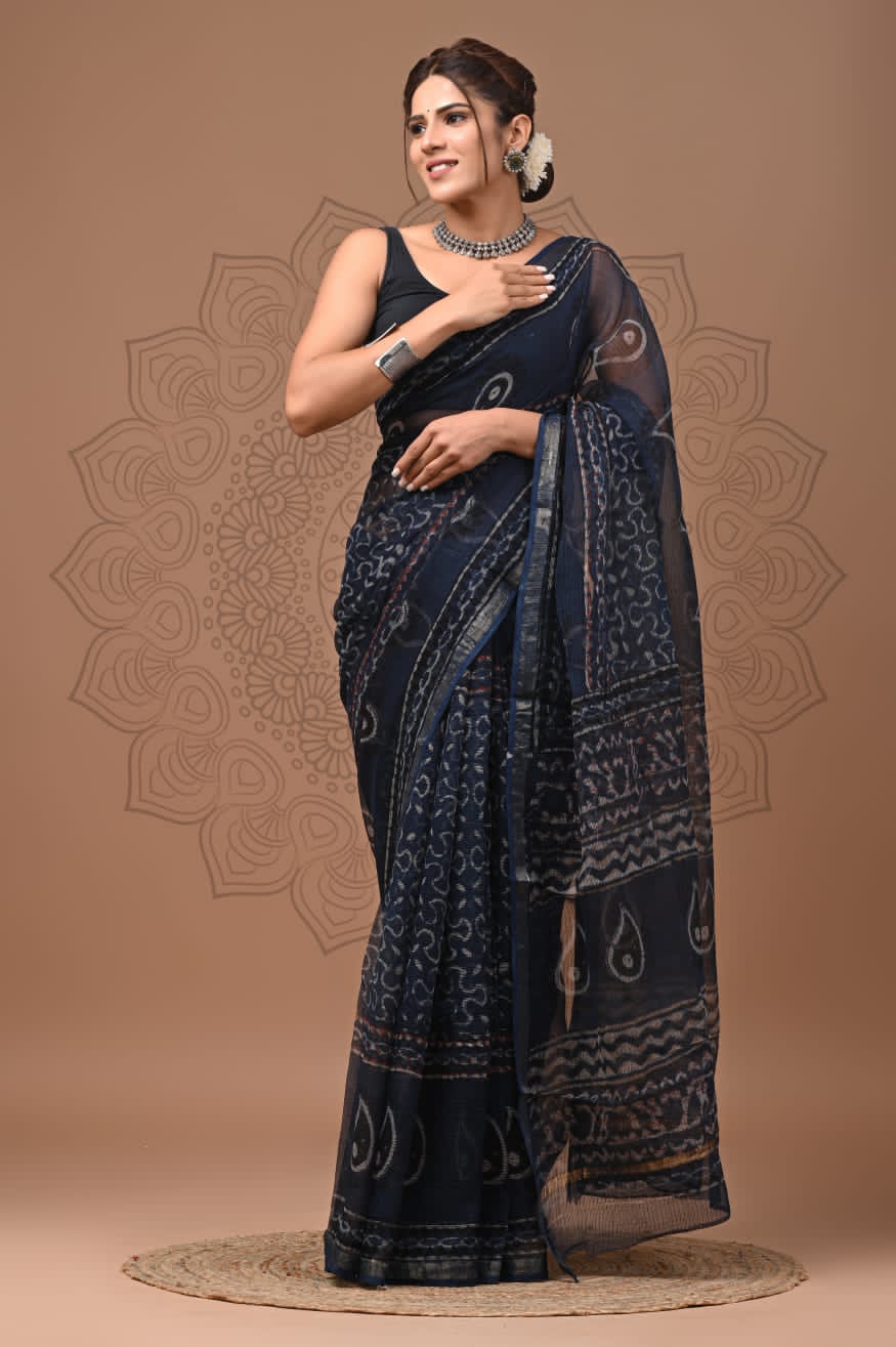 Blue Block Print Kota Doria Saree