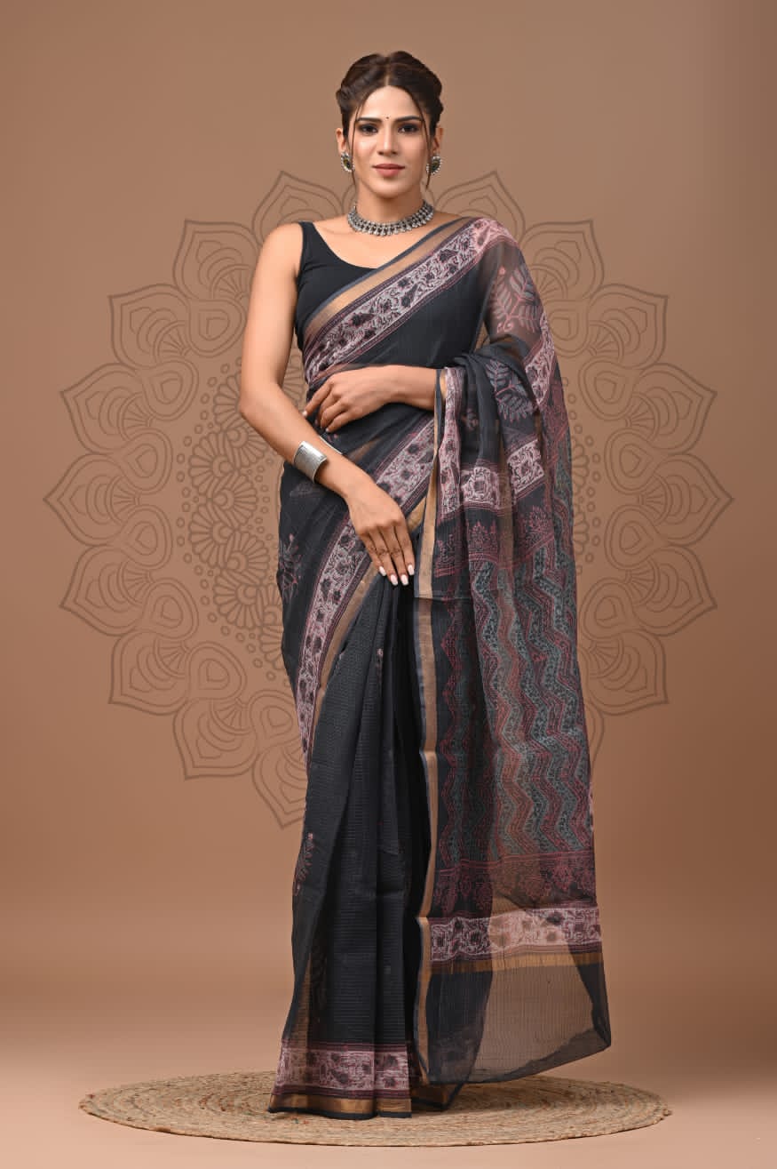 Black Flora Print Kota Doria Saree