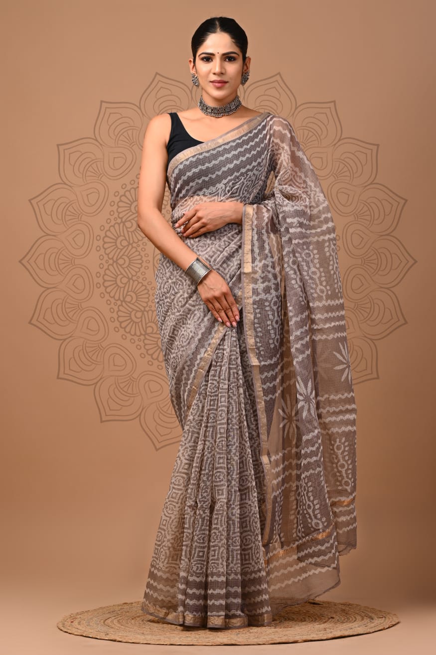 Cream Hand Block Print Kota Doria Saree