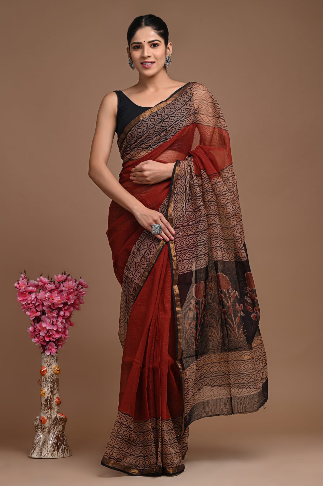 Black And Red Block Print Kota Doria Saree