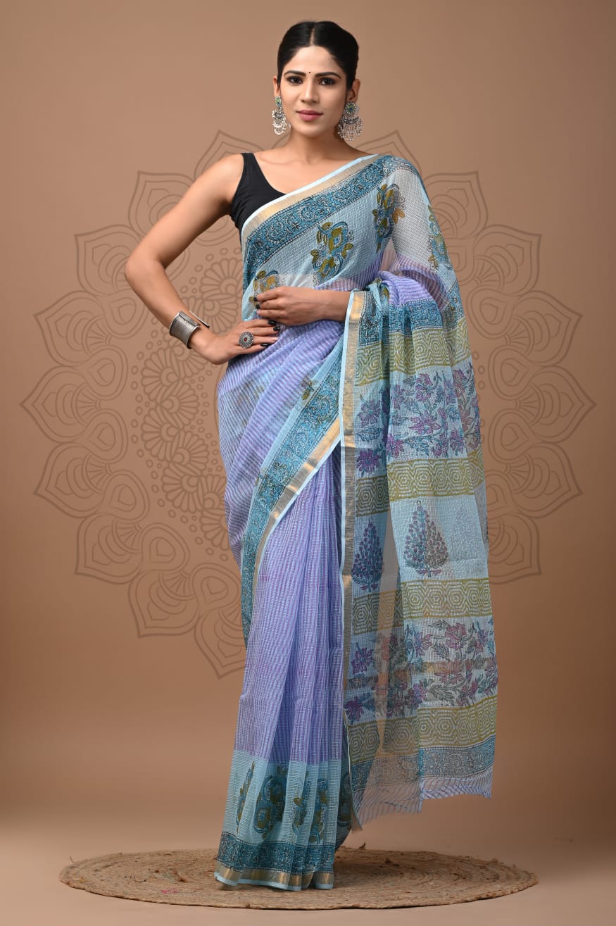 Blue Block Print Kota Doria Saree