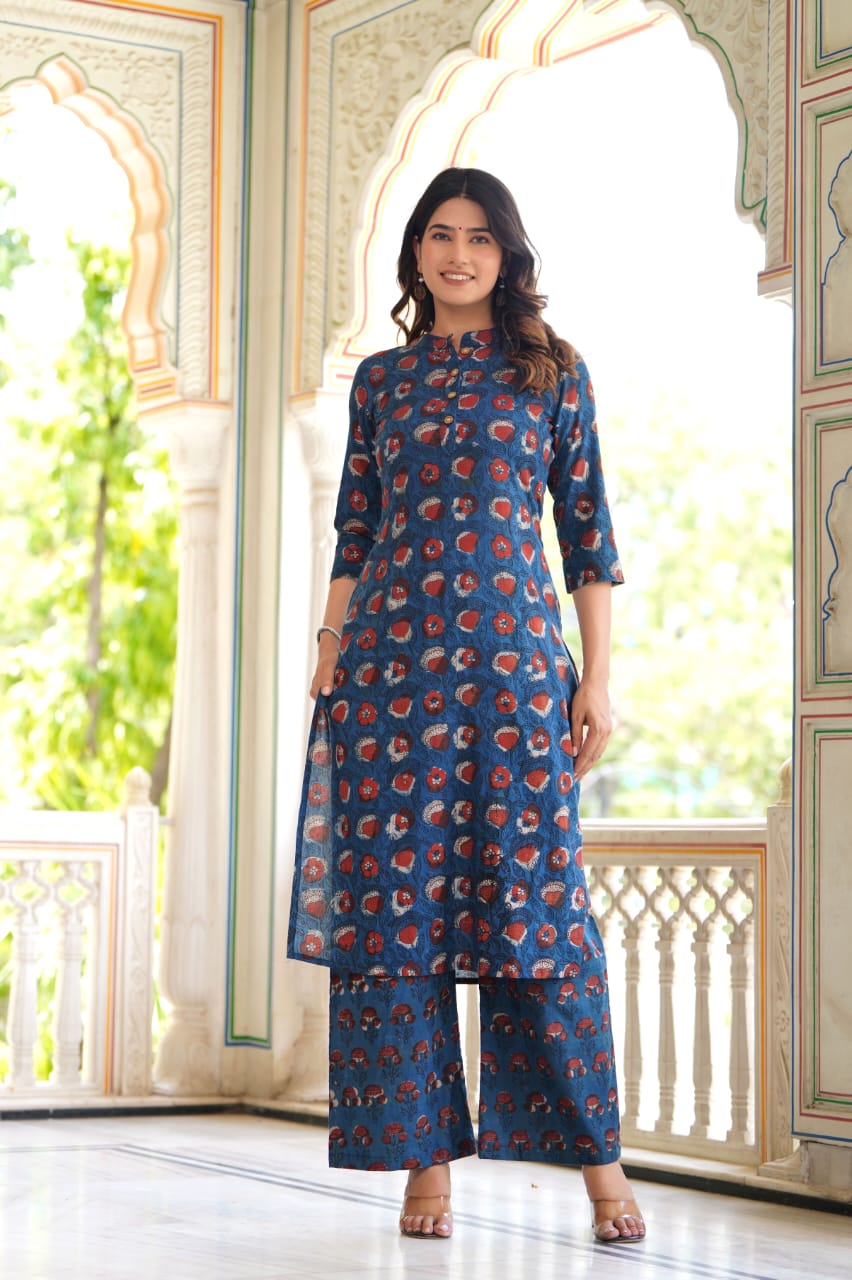 Blue Cotton Straight Kurta Plazzo Set