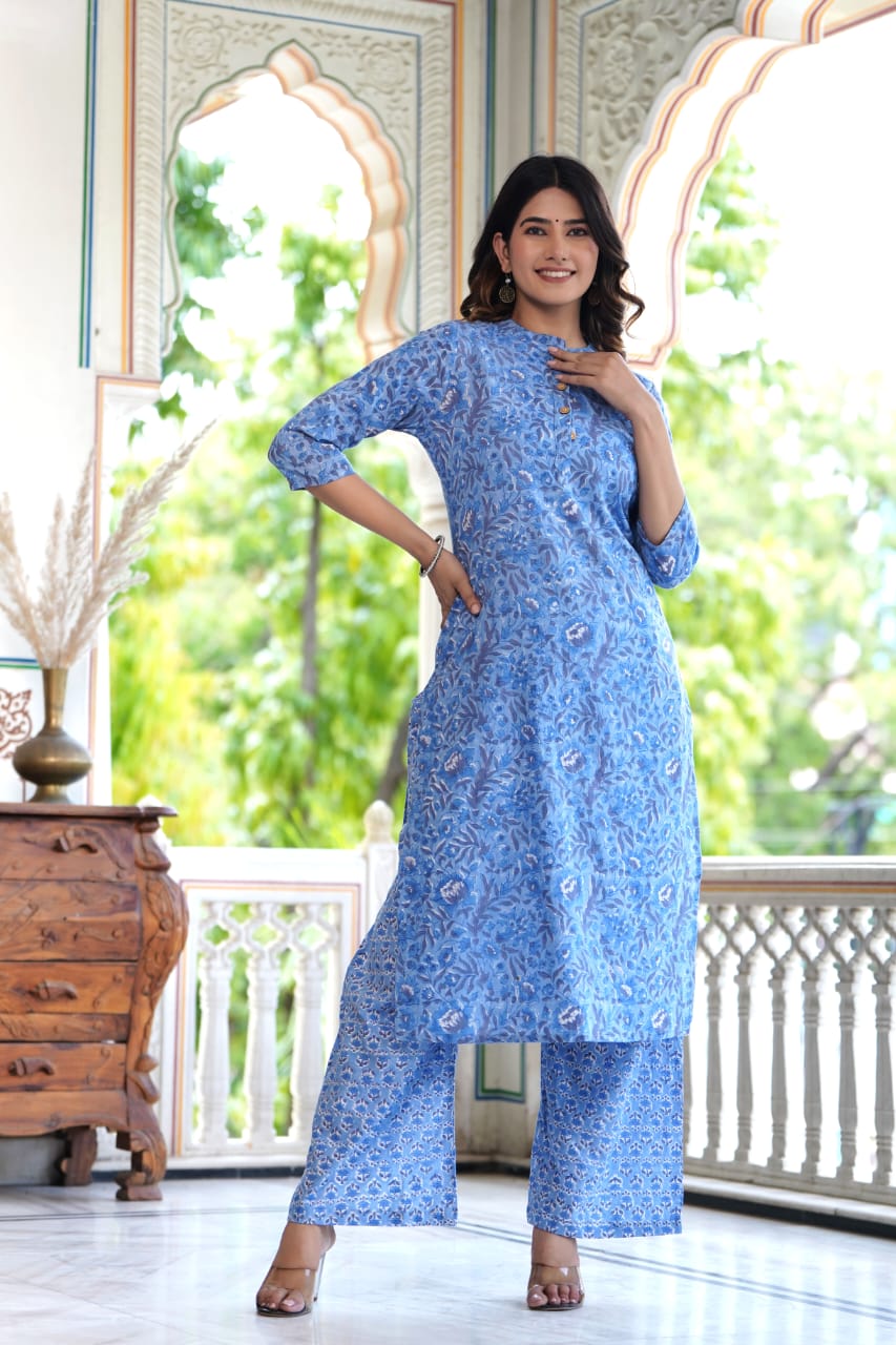 Cotton Straight Kurta Plazzo Set in Blue