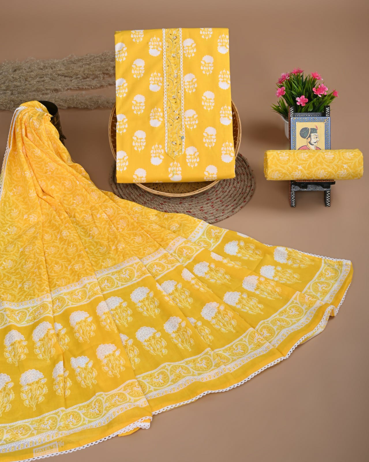 Yellow - Jacquard Cotton 2pc Unstitched Dress Material with Jewellery Set 29 main image 1