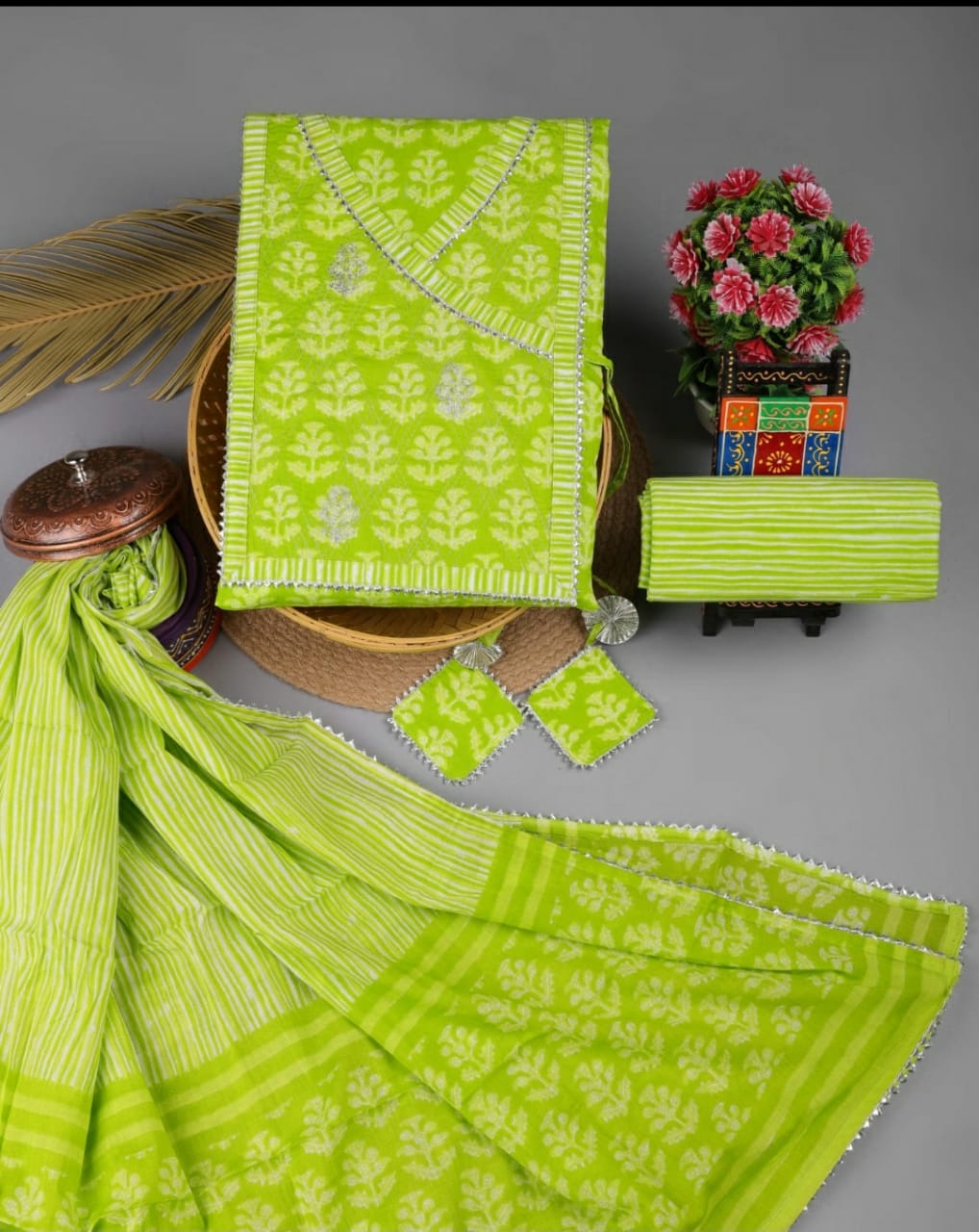 Green Cotton Unstitched Suit Set