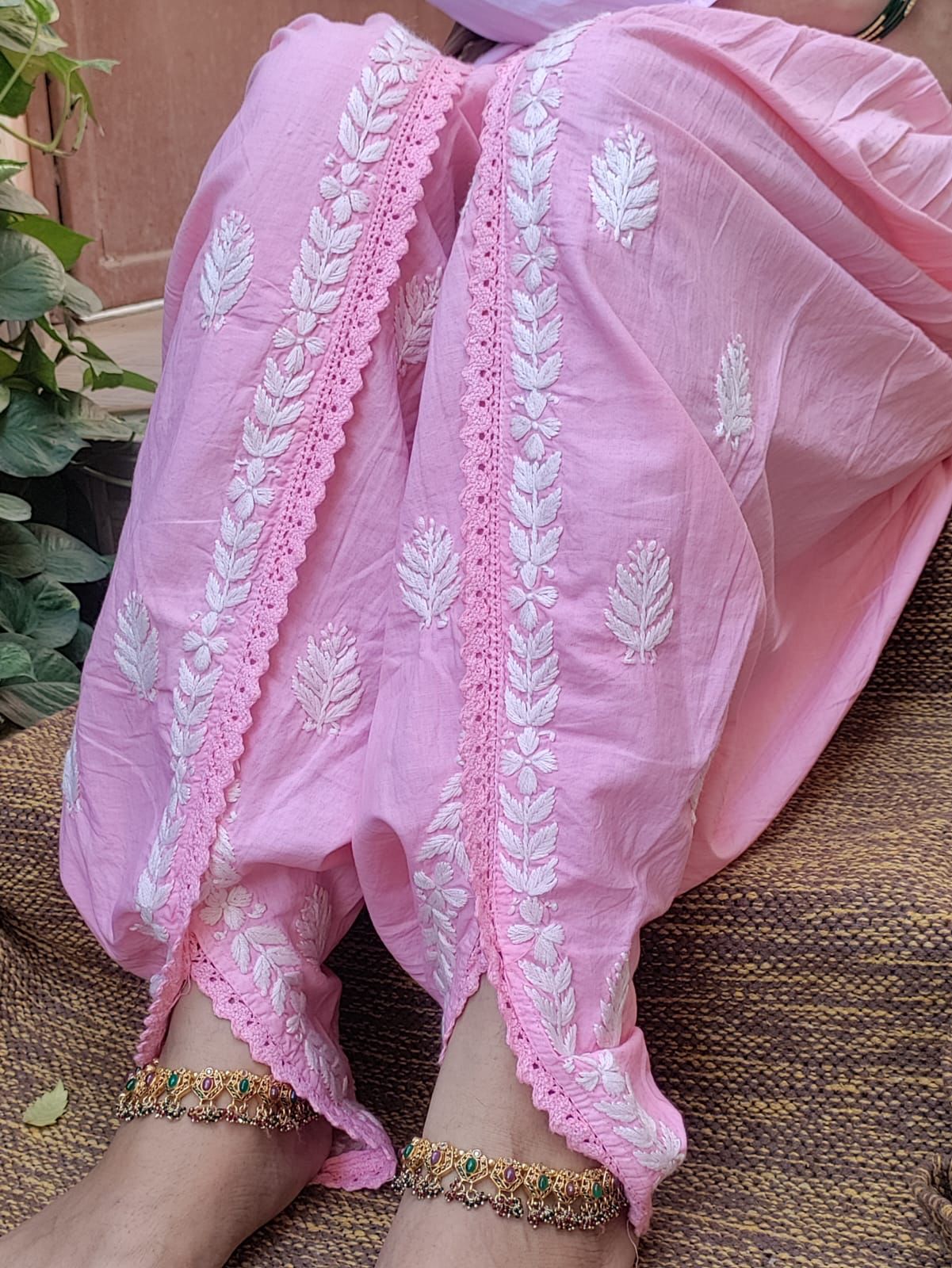 Pink Dhoti salwar with white Lucknowi work