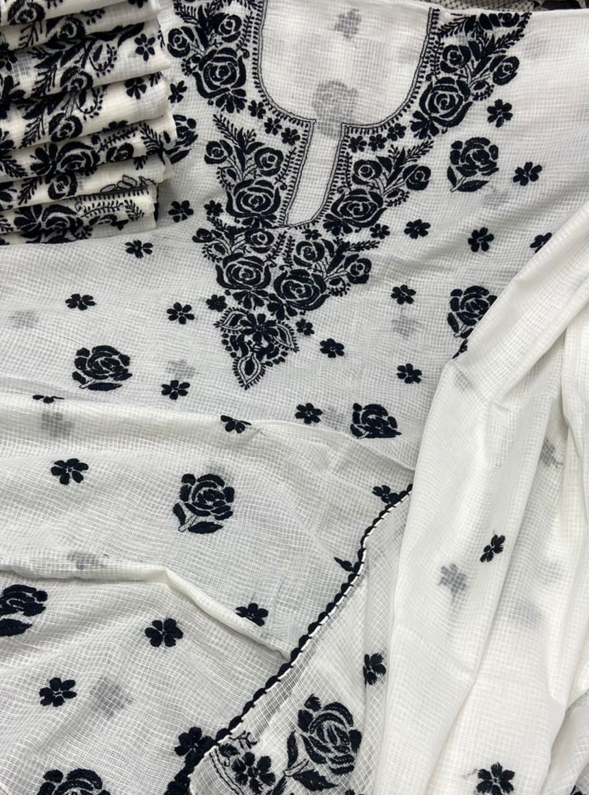 White And Black Chikankari Suit Material