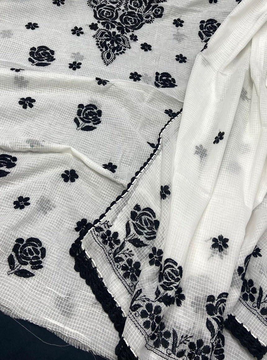 White And Black Chikankari Suit Material