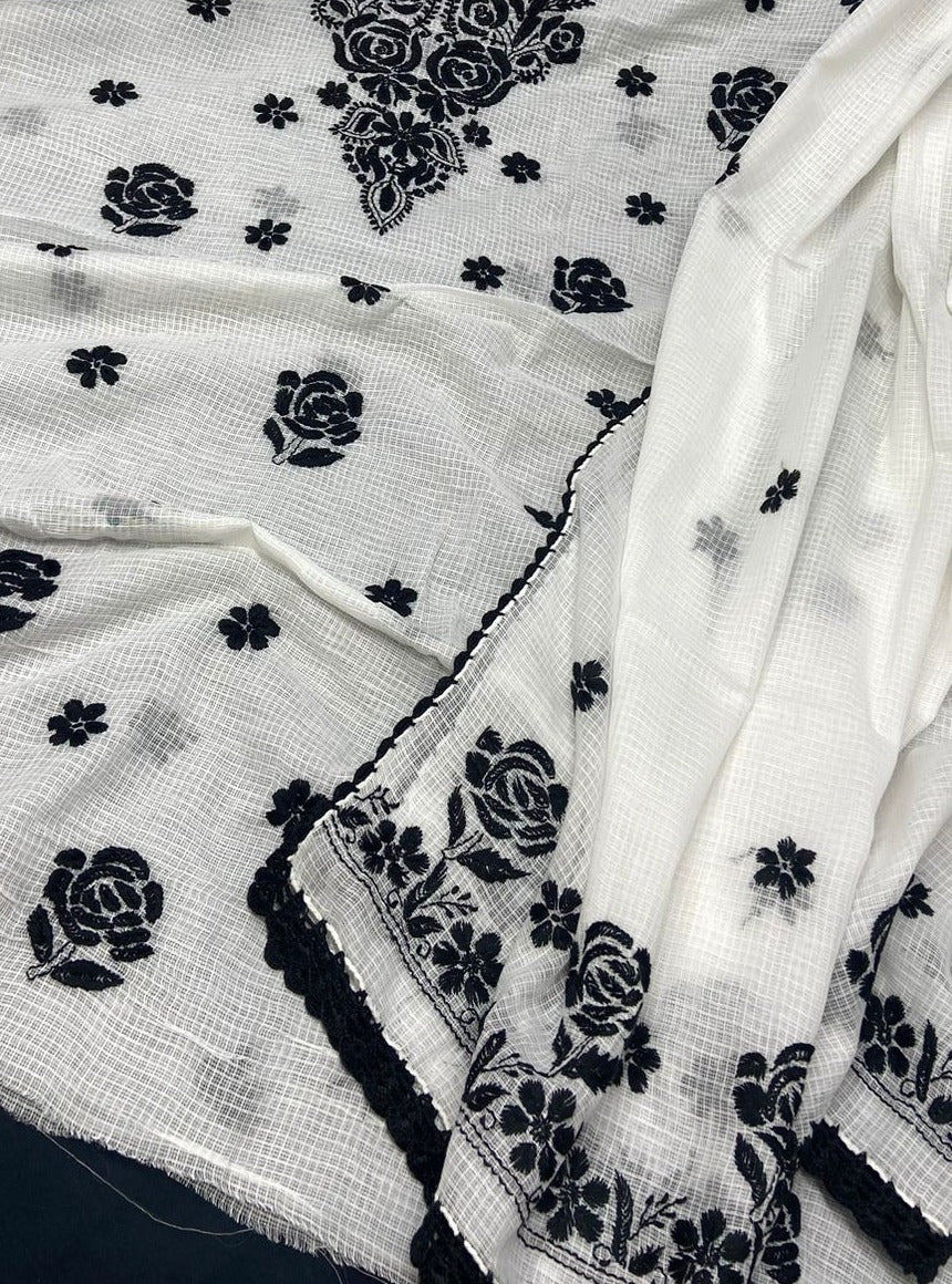 White-Black Chinkari Kota Silk Suit Fabric