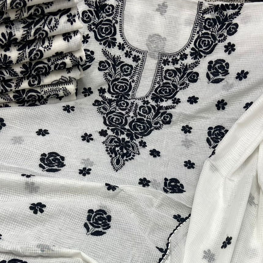 White-Black Chinkari Kota Silk Suit Fabric