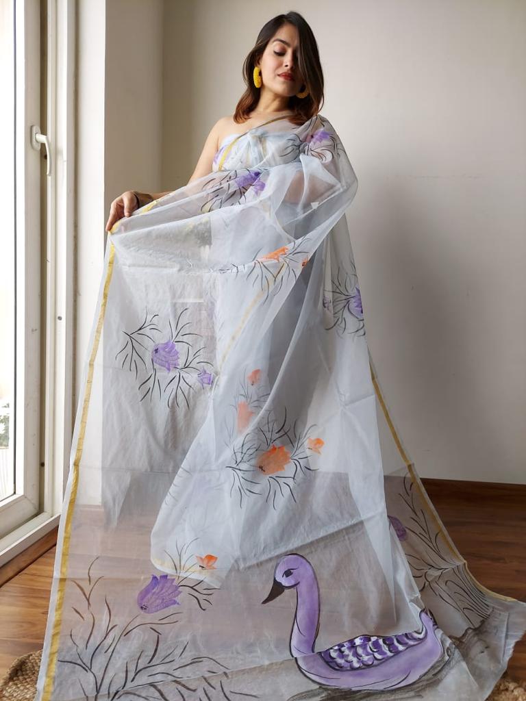 White Organza Hand Painted Saree