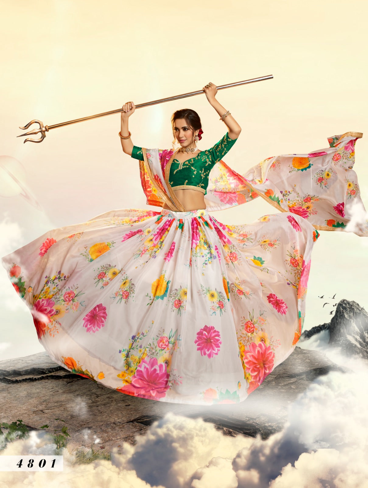 White Floral Organza Lehenga (Semi Stitched)