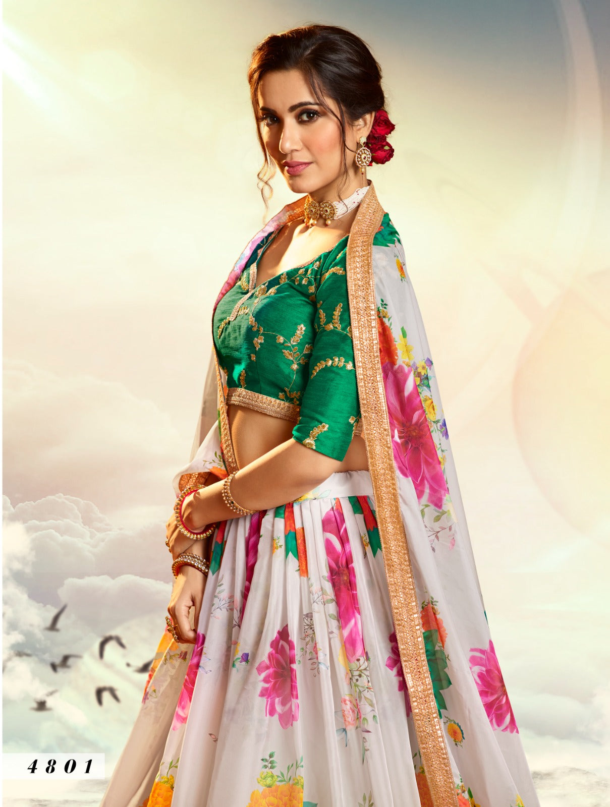 White Floral Organza Lehenga (Semi Stitched)