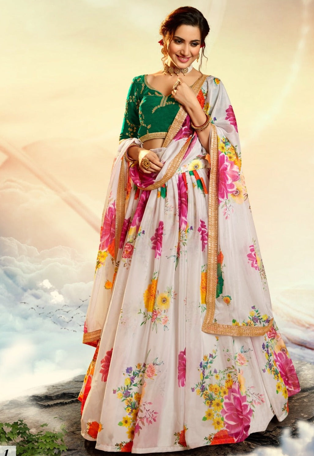 White Floral Organza Lehenga (Semi Stitched)
