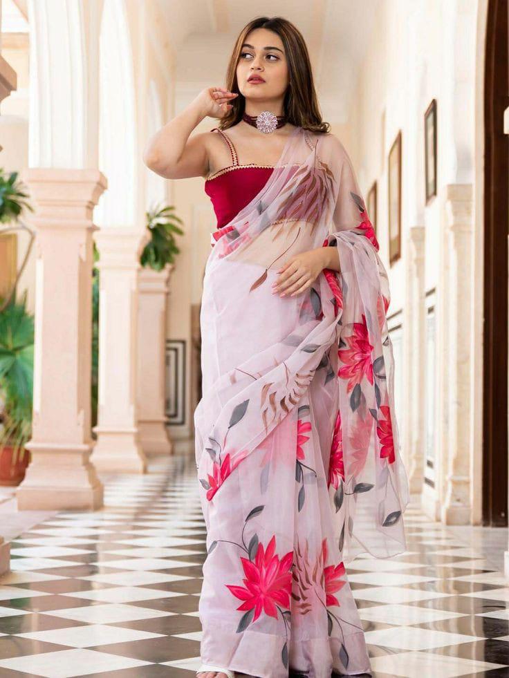 White Organza Hand Painted Saree