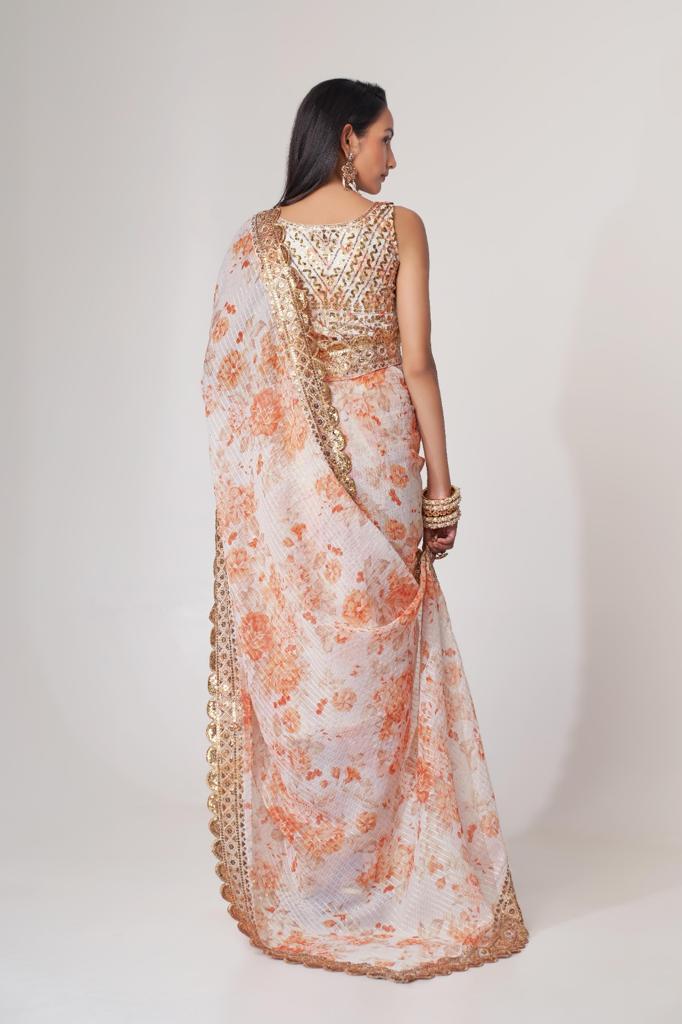White Organza Sequins Work Saree