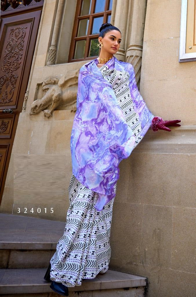 White and Blue Digital Print Satin Crepe Saree