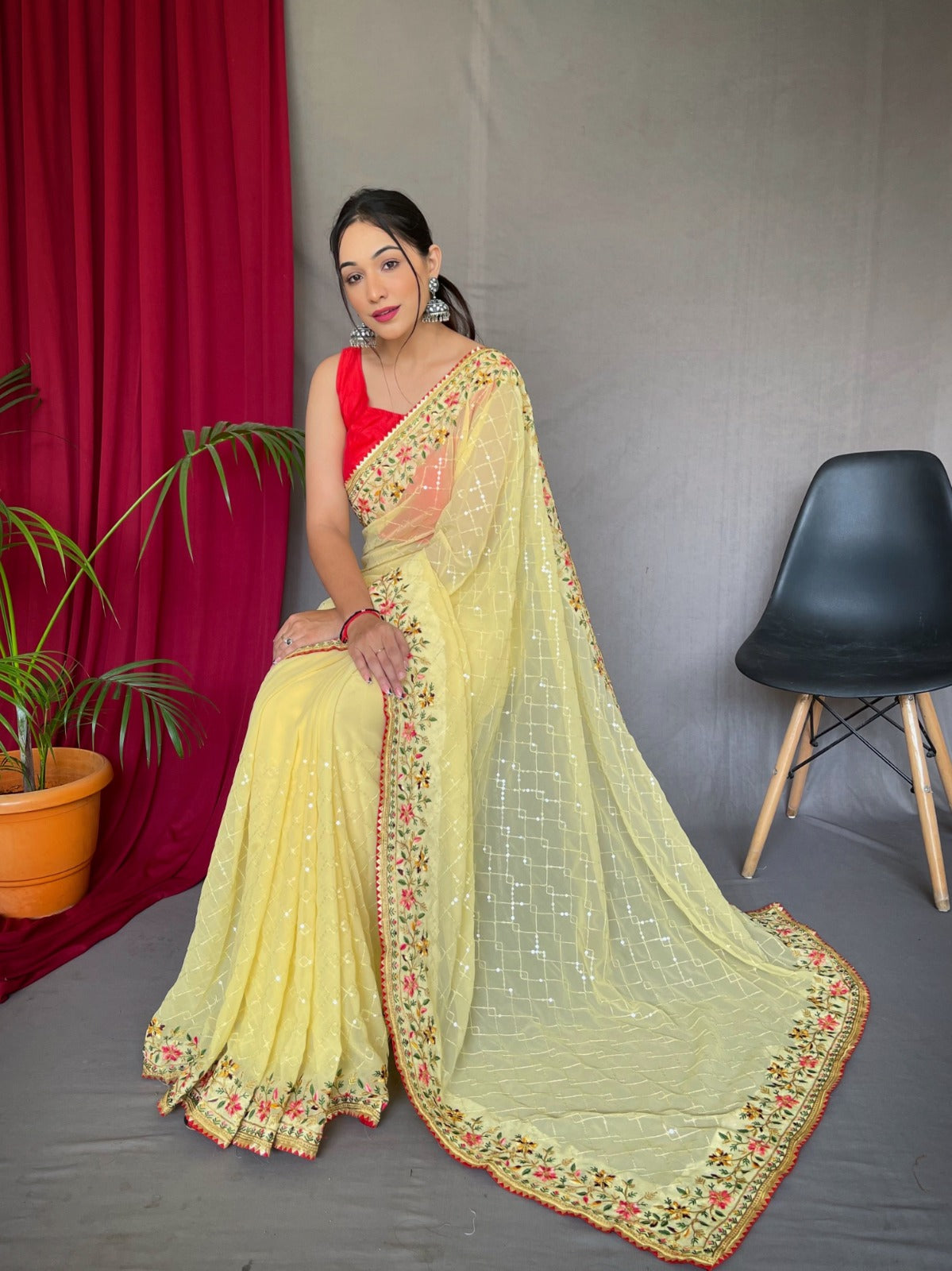 Yellow Georgette Saree With Sequins Work