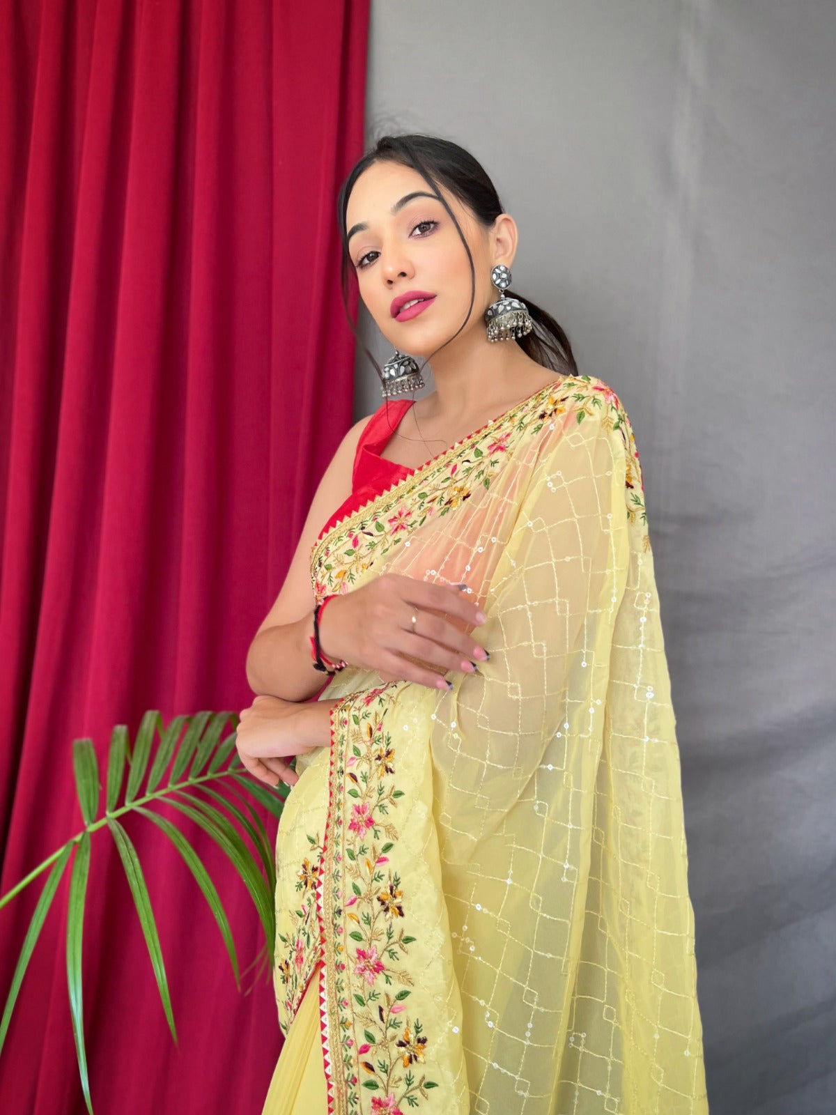 Yellow Georgette Saree With Sequins Work