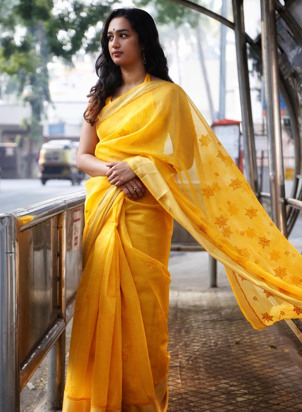 Kota Doria Chikankari Work Saree In Yellow