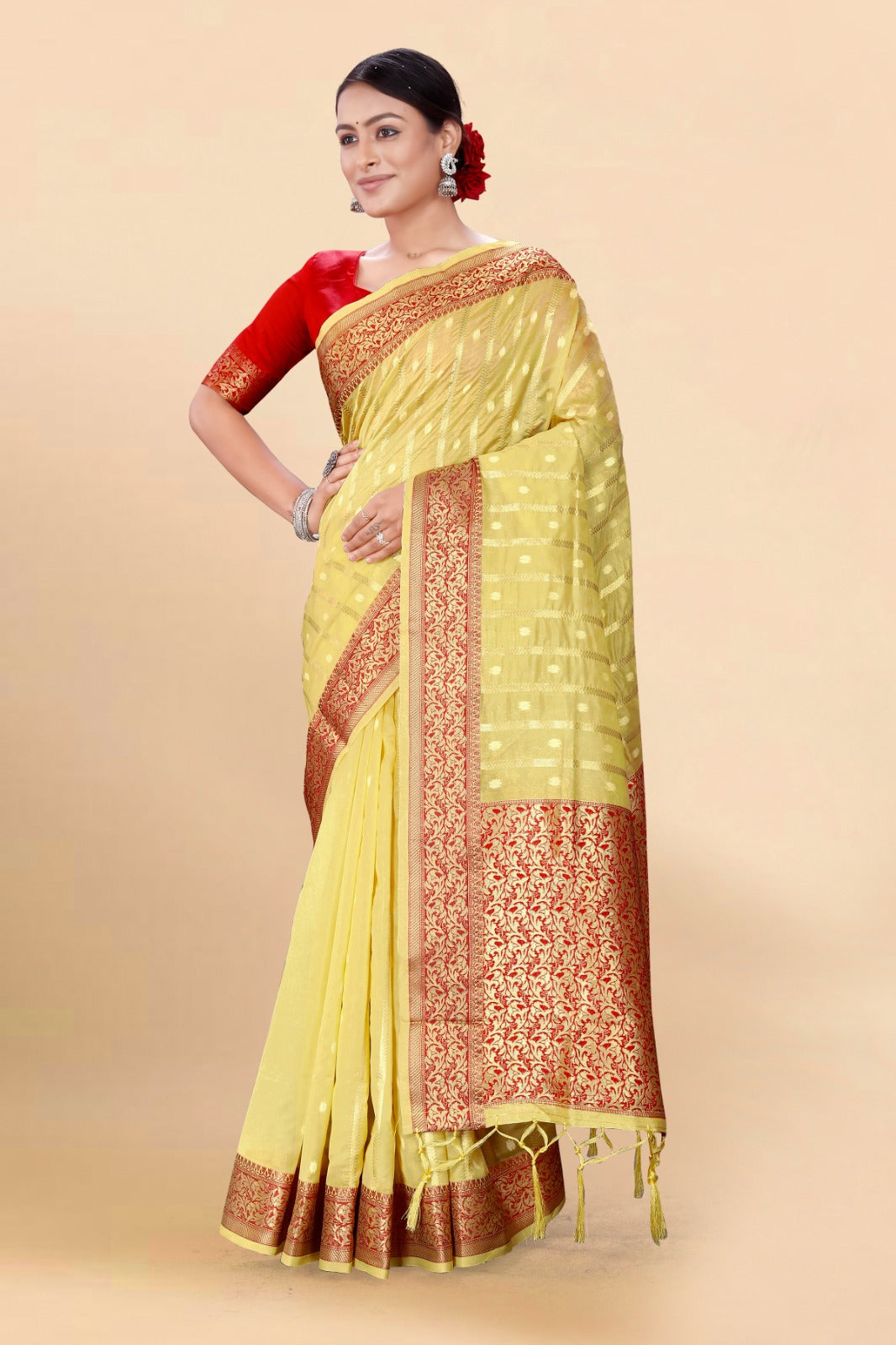 Yellow Organza Silk Saree With Blouse