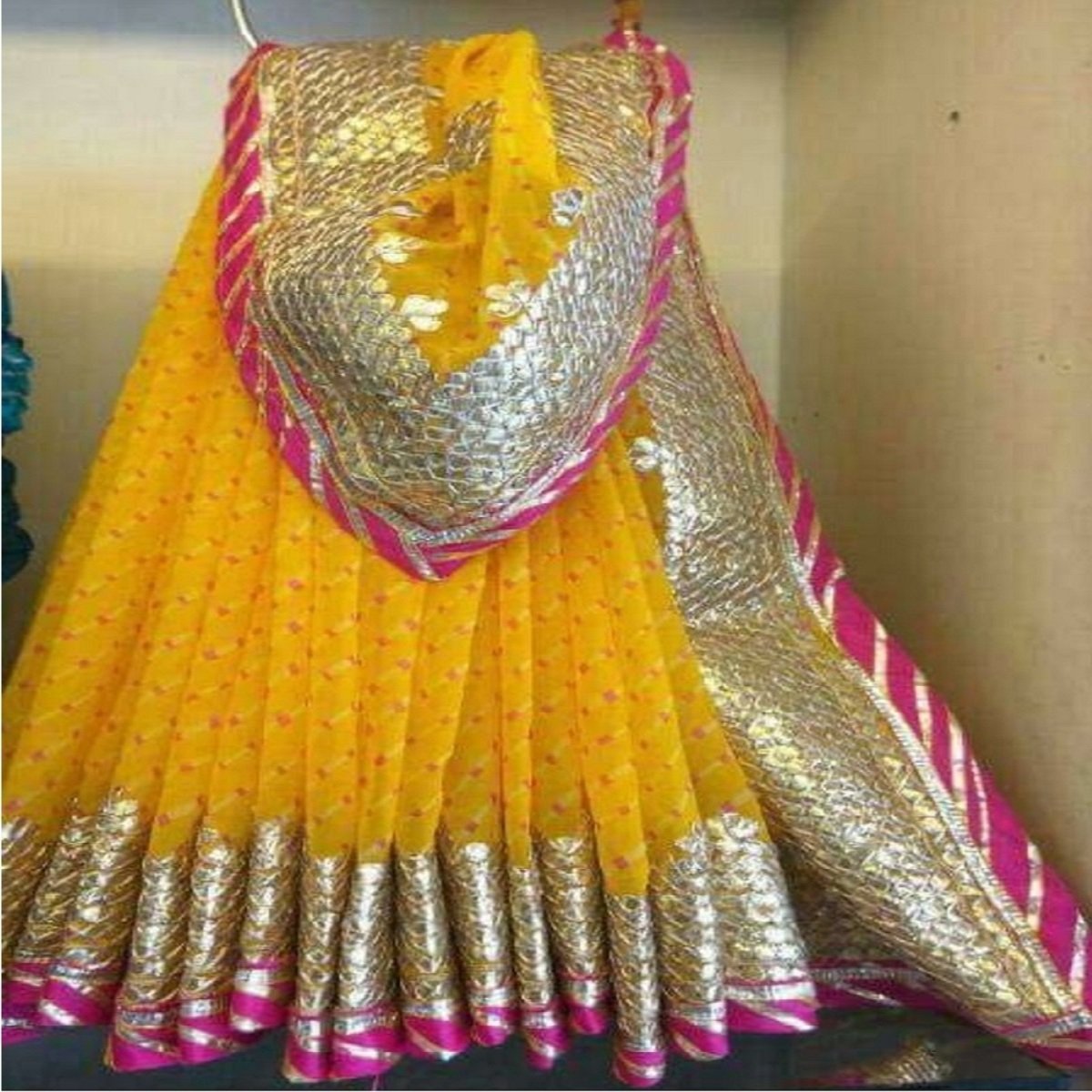 Yellow Pink Soft Georgette Gota work Saree