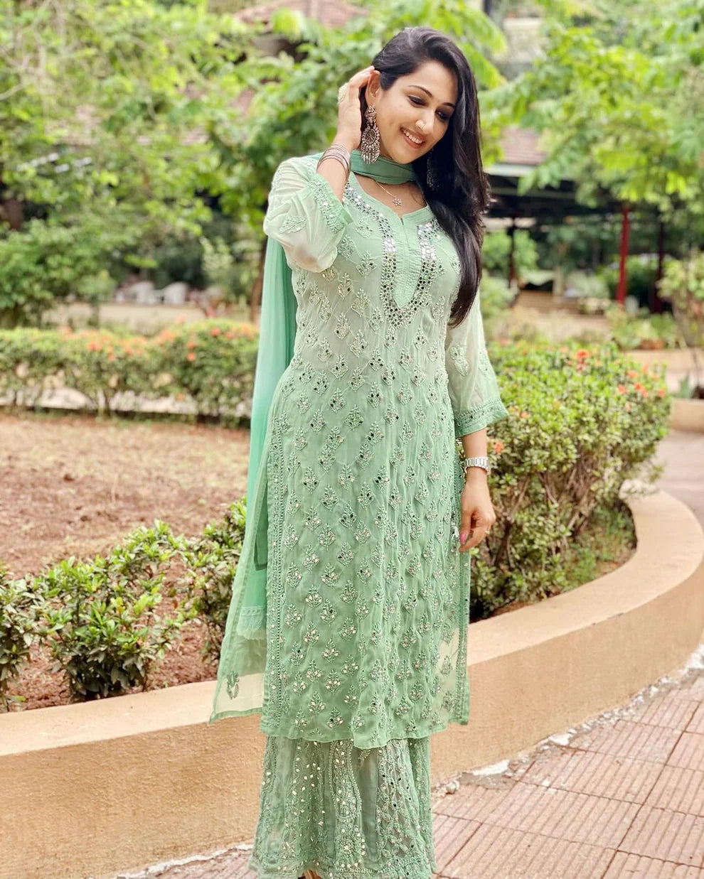 Pista Green Mirror Work Chikankari Sharara Set