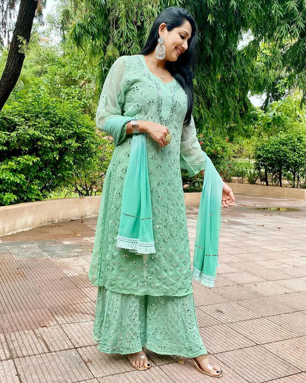 Green Mirror Work Chikankari Sharara Set