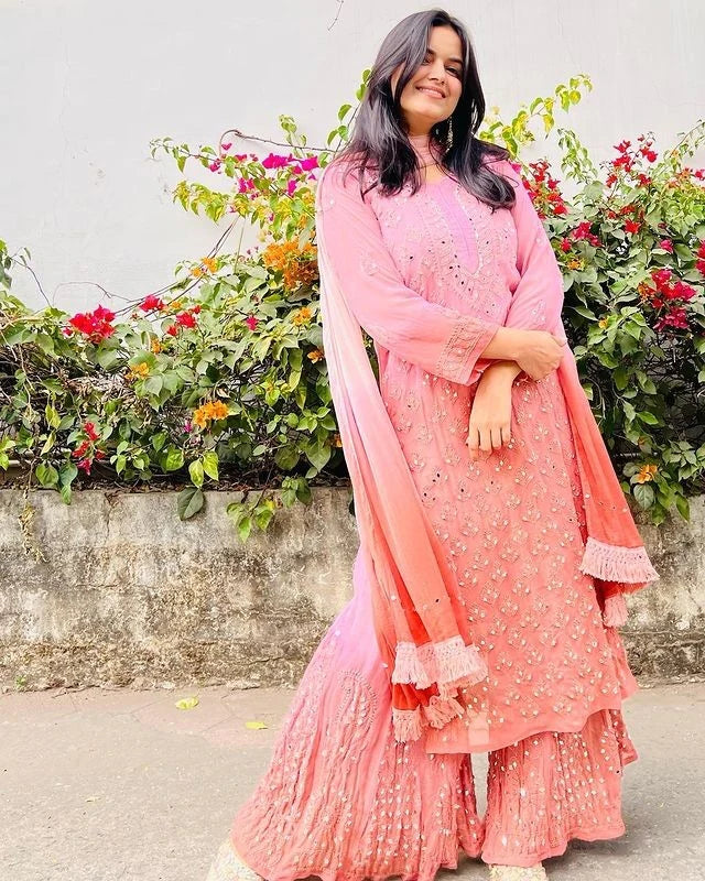 Orange Lukhnowi Chikan Work Sharara Set
