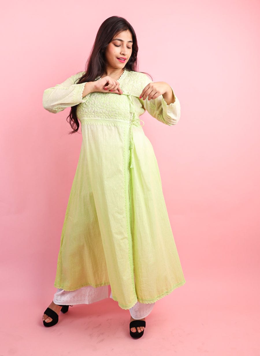 Cotton Angrakha Kurti with Chikankari Work (Light Green) Media 1 of 2