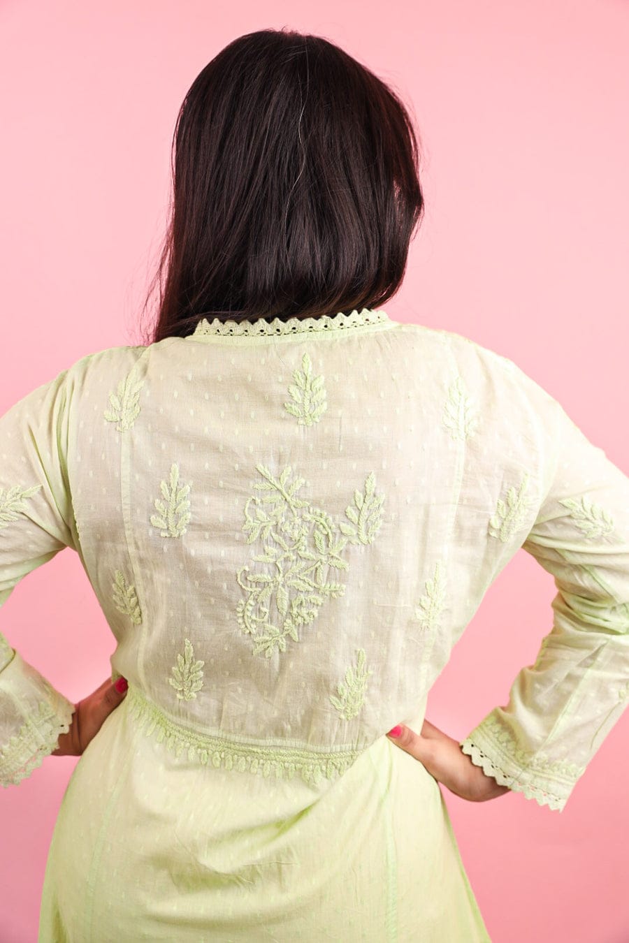 Cotton Angrakha Kurti with Chikankari Work (Light Green) Media 1 of 2