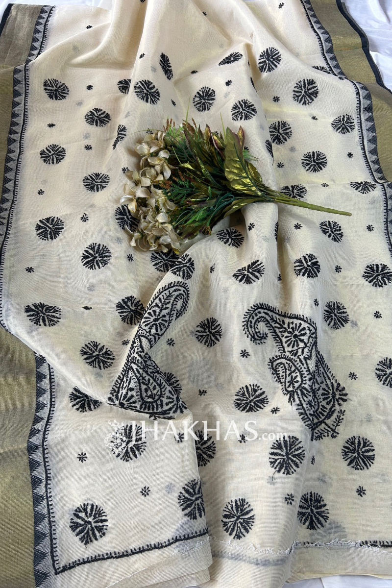 Cream Kota Doria Chikankari Work Saree